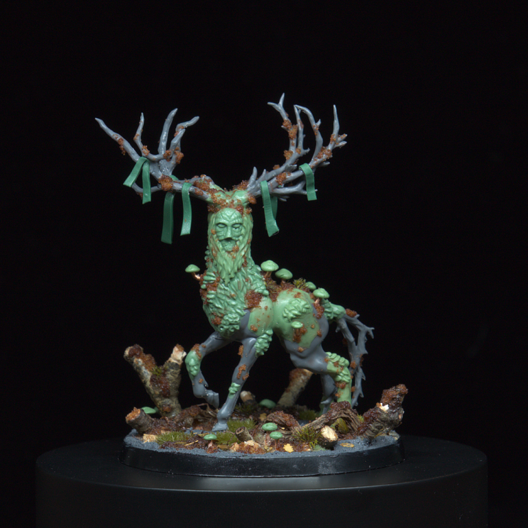 Japanese inspired Forest Spirit 'The Weald' Model, kitbashed and sculpted with green stuff. This model is used as a Gnarl in the tabletop game 'The Weald'.